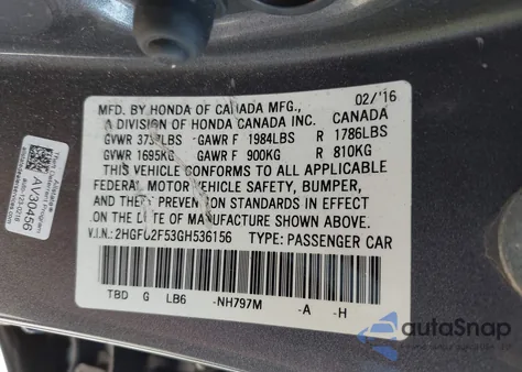 2016 Honda Civic Lx z USA, uszkodzony, nr VIN 2HGFC2F53GH536156